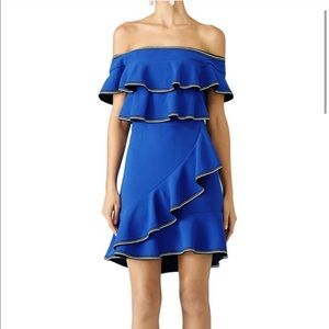 Rebecca Vallance off shoulder cobalt ruffle dress